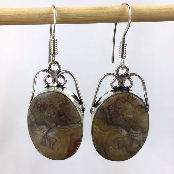Crazy Lace Agate Stone Hook Dangle Earrings - Picture 3 of 10